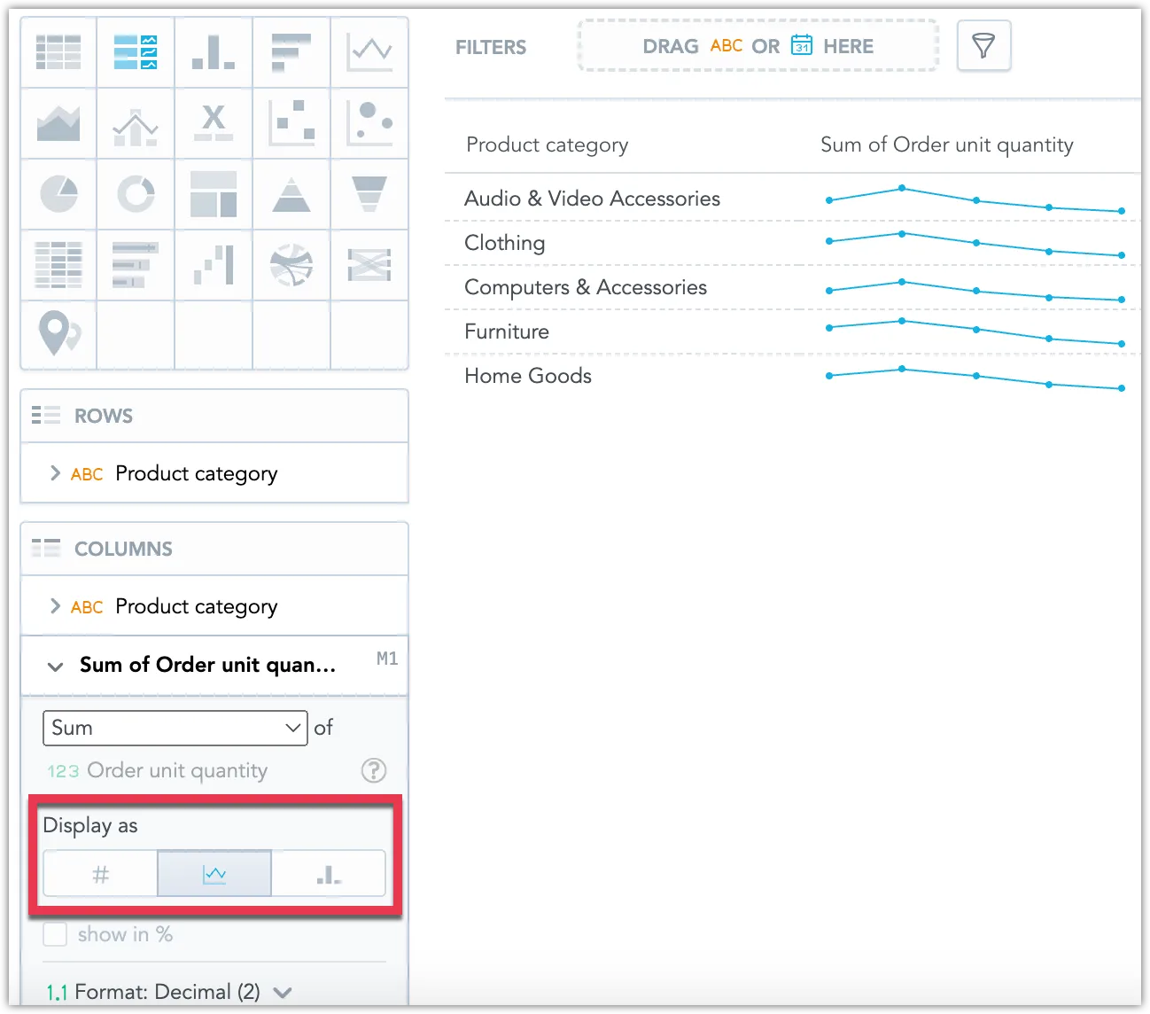 Screenshot of the Analytics Designer showing the option to display Column data as either a number, line chart or bar chart.