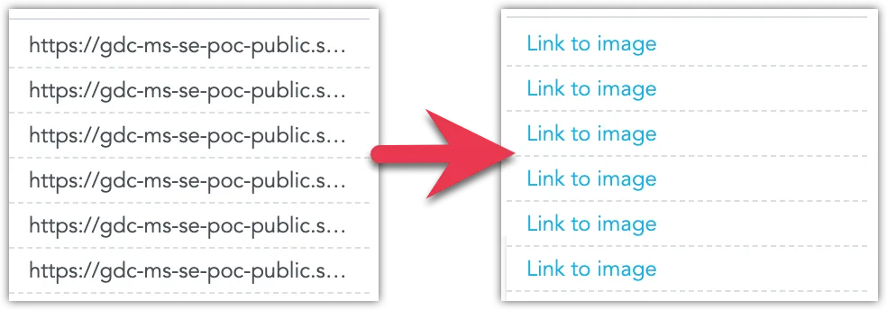 Two screenshots showing the same part of the repeater, one showing data as a series of string URLs, the other one showing them as clickable hyperlinks with custom link text.