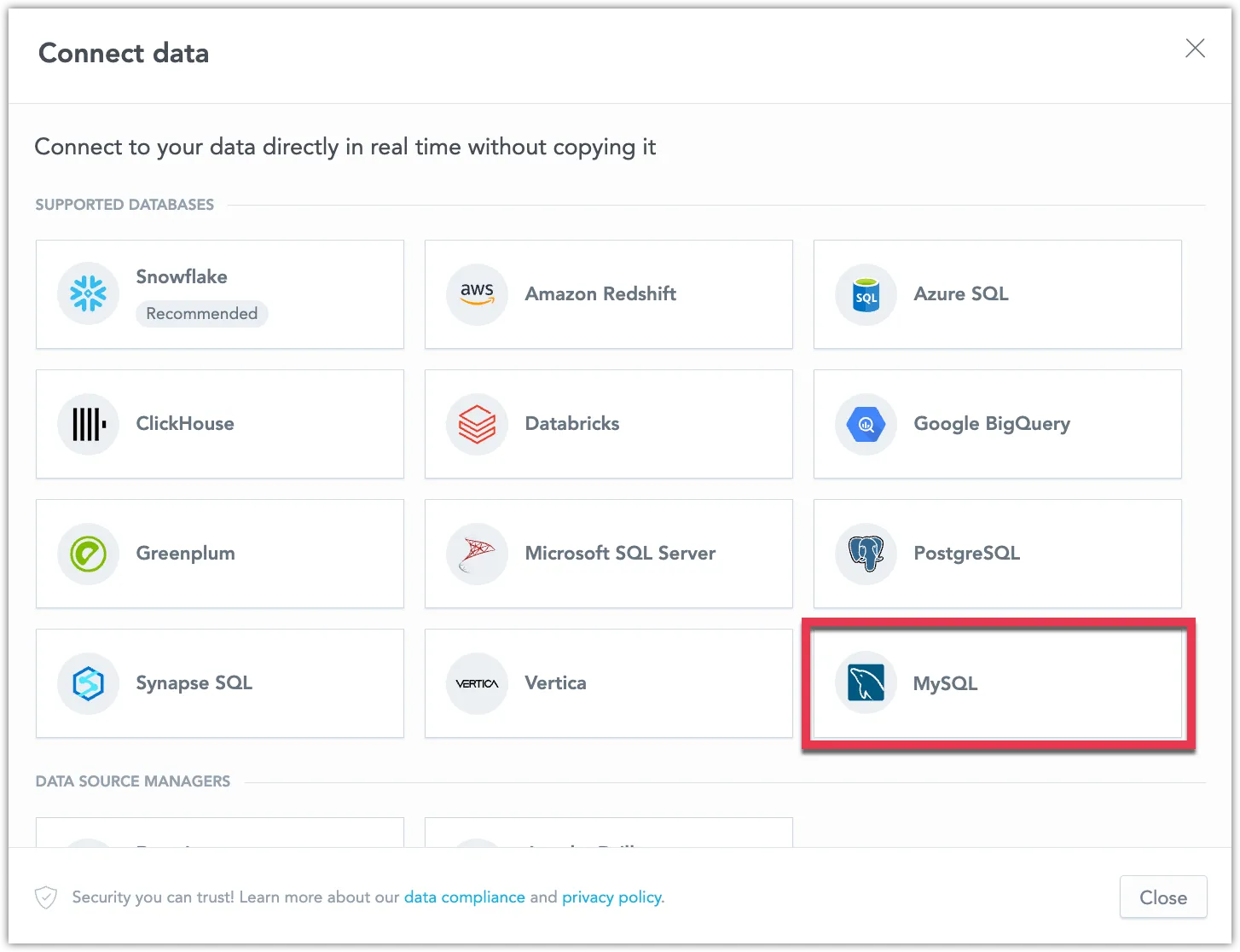 select data source type