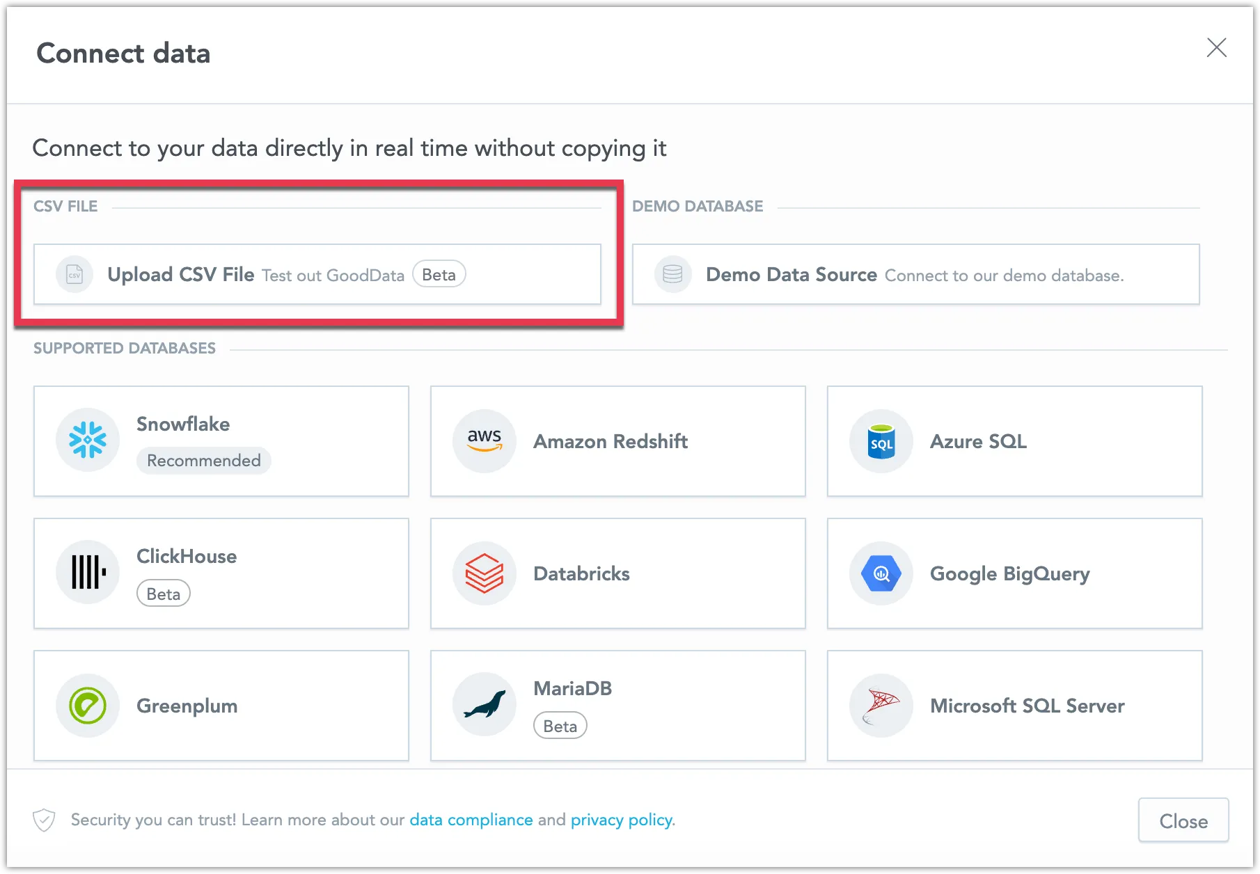 Connect data dialog showing the 'Upload CSV file' option.