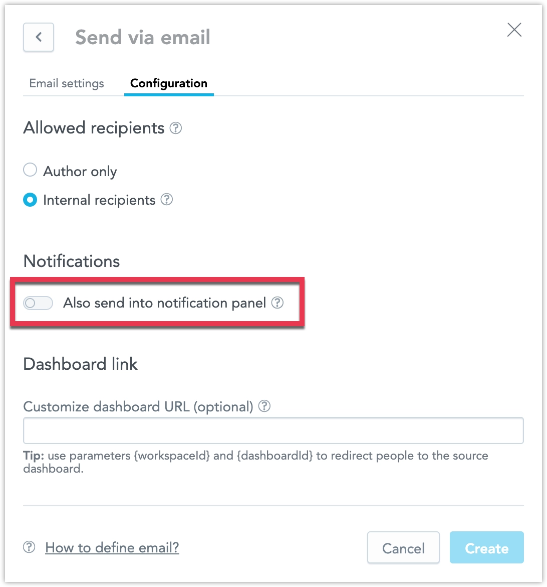 Screenshot of the configuration tab of a create email destination showing the Also send to notification panel option.