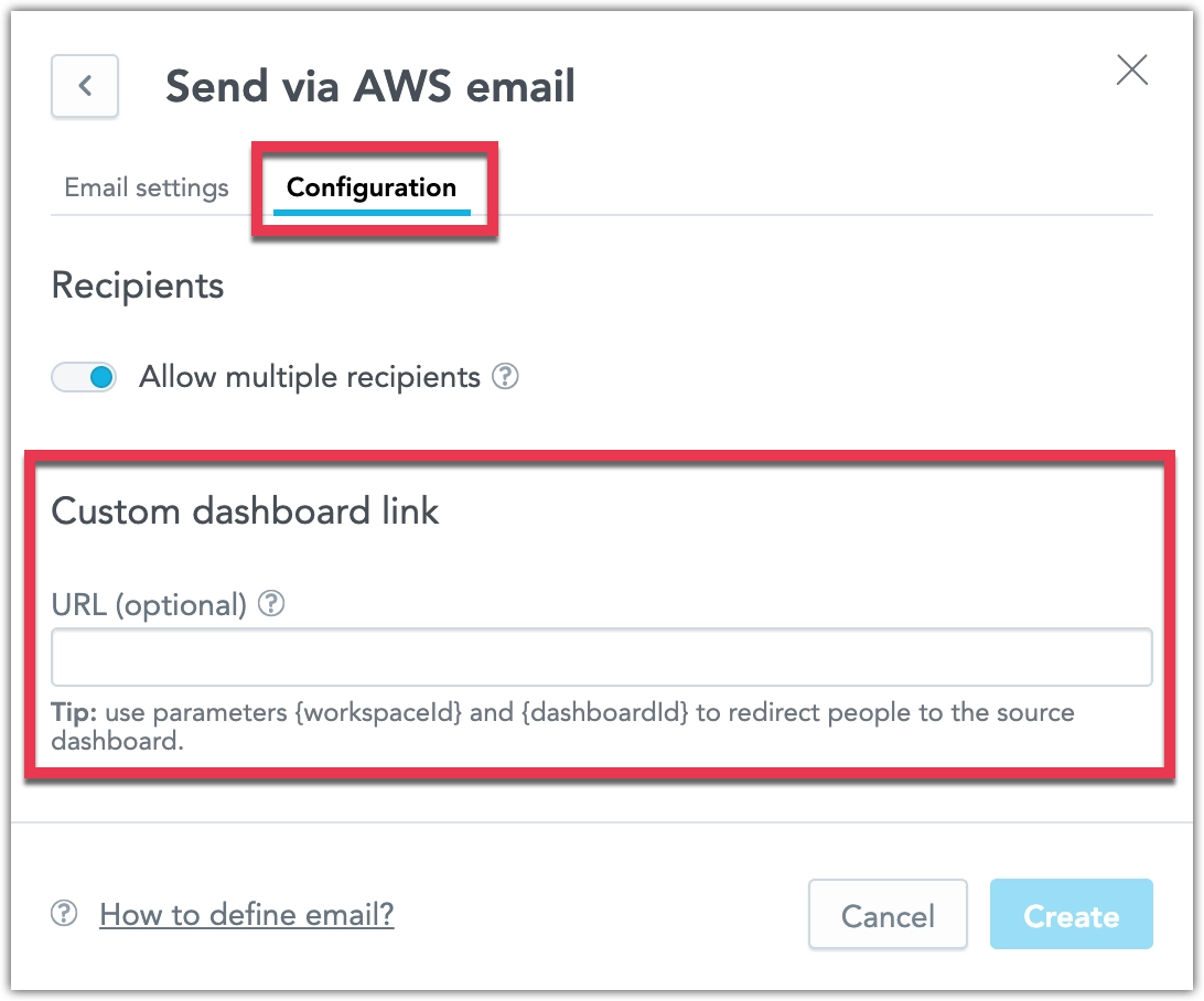 Screenshot showing the configuration tab on email destination creation dialog, highlighting the custom dashboard URL field.