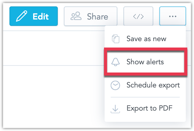 Screenshot of the Dashboard configuration drop down menu listing Alerts as the highlighted option.