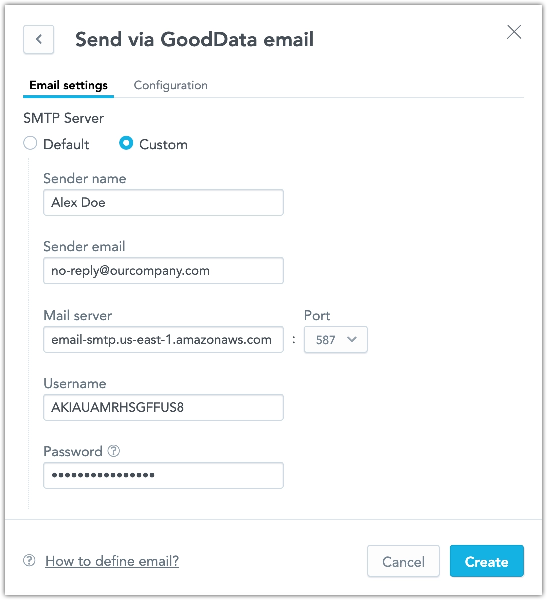 Screenshot of the Create email dialog, Custom SMTP server option, with all values filled in and the Create button highlighted.