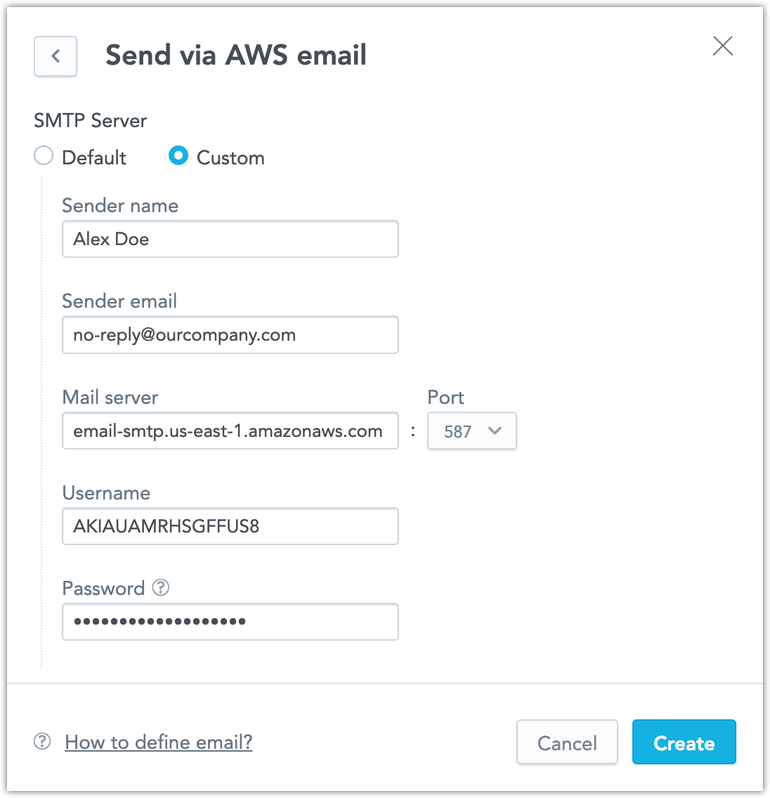 Screenshot of the Create email dialog, Custom SMTP server option, with all values filled in and the Create button highlighted.