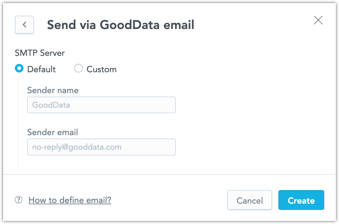 Screenshot of the Create email dialog, Default SMTP server option, with all values filled in and the Create button highlighted.