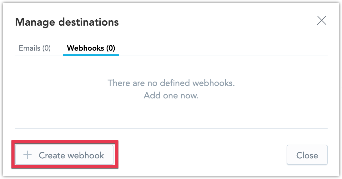 Screenshot of the Destinations section in Settings, highlighting the Create webhook option.