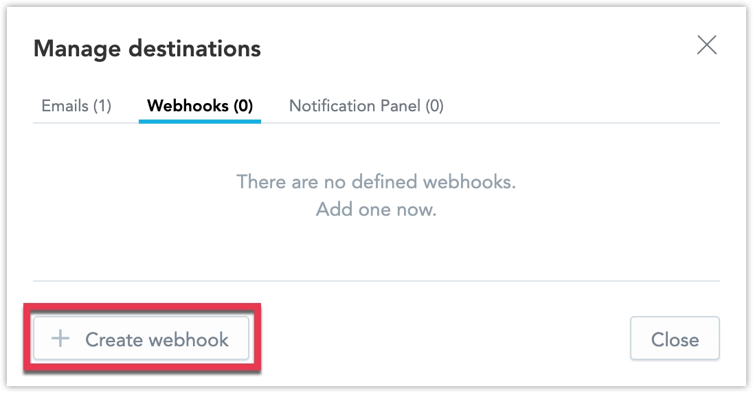 Screenshot of the Destinations section in Settings, highlighting the Create webhook option.