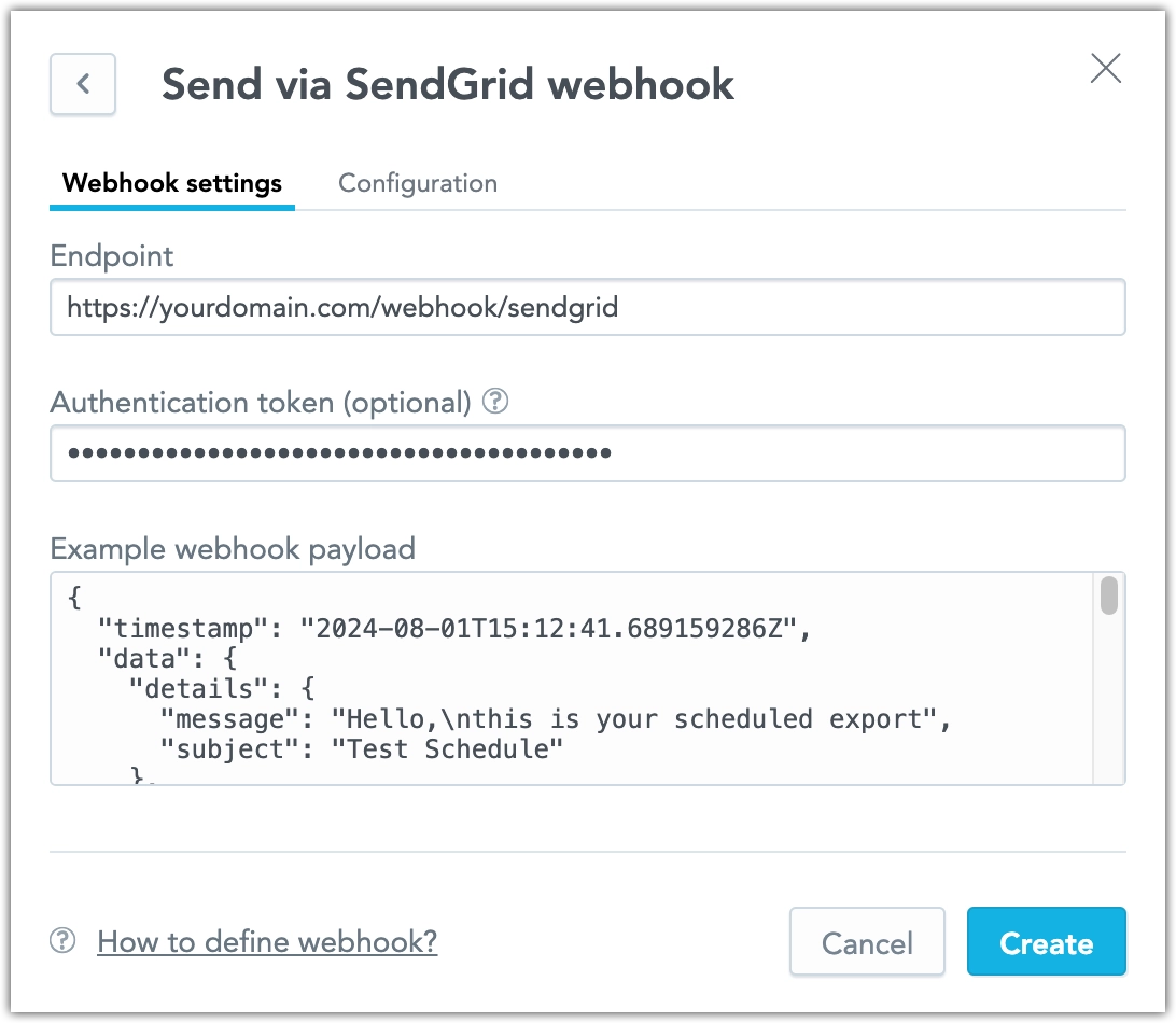 Screenshot of the Create webhook dialog, with prefilled dummy values for the SendGrid emailing service endpoint.