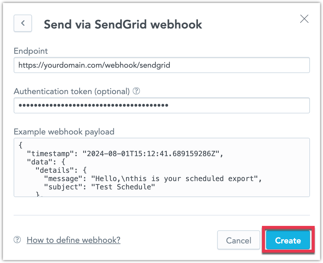 Screenshot of the Create webhook dialog, with prefilled dummy values for the SendGrid emailing service endpoint.