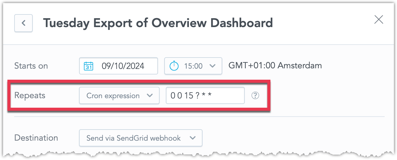 Screenshot of part of the schedule export dialog highlighting the Repeats setting that is set to a cron expression.