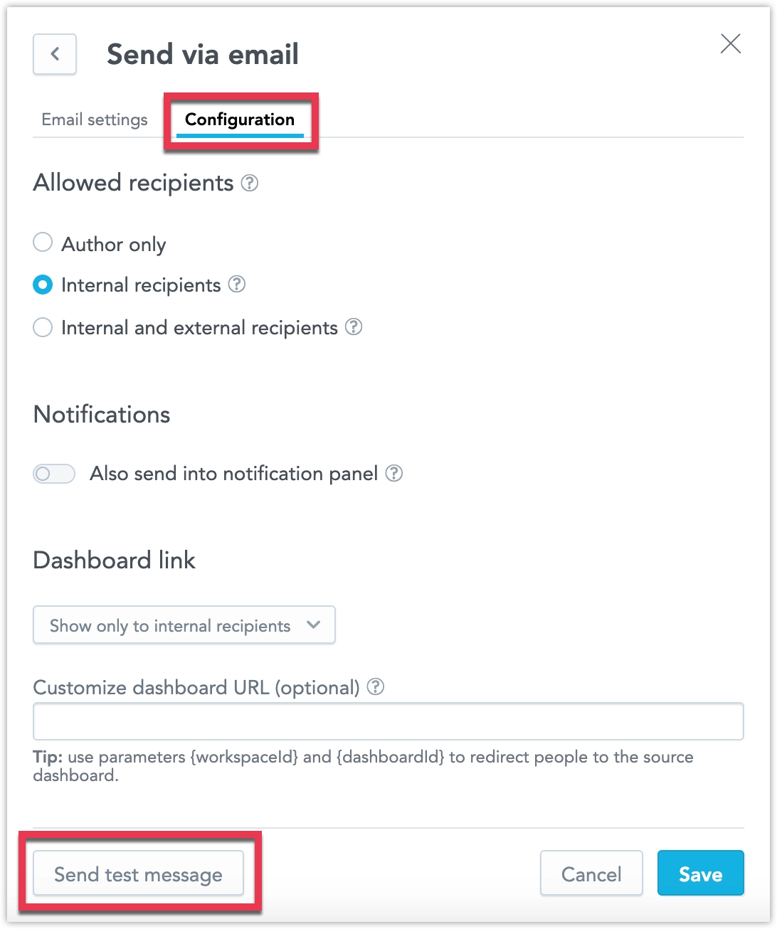 Screenshot of the email destination configuration dialog highlighting the Send test message button.