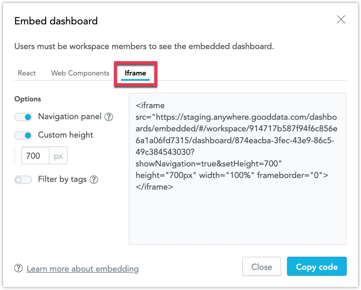 Embedding dialog for iframes