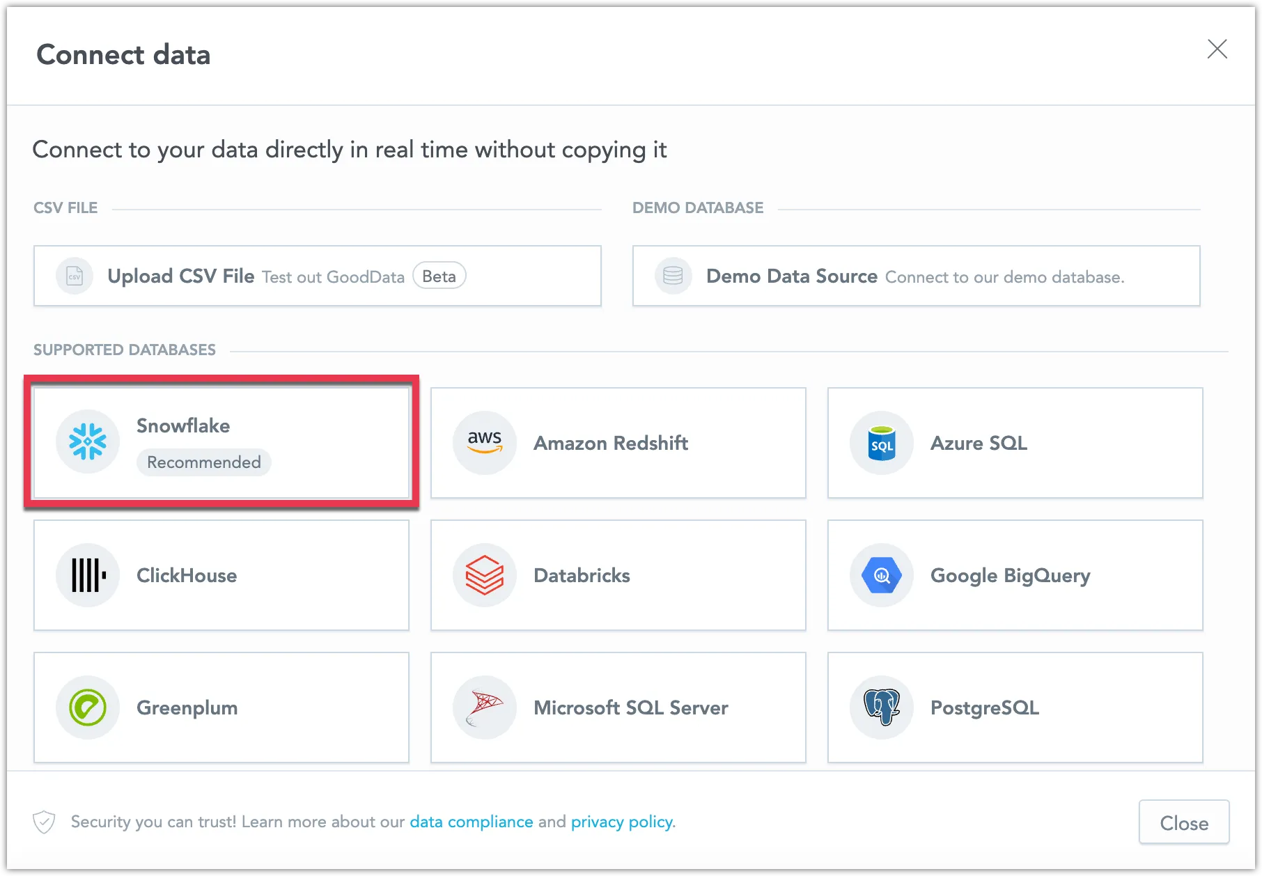 The Connect data dialog