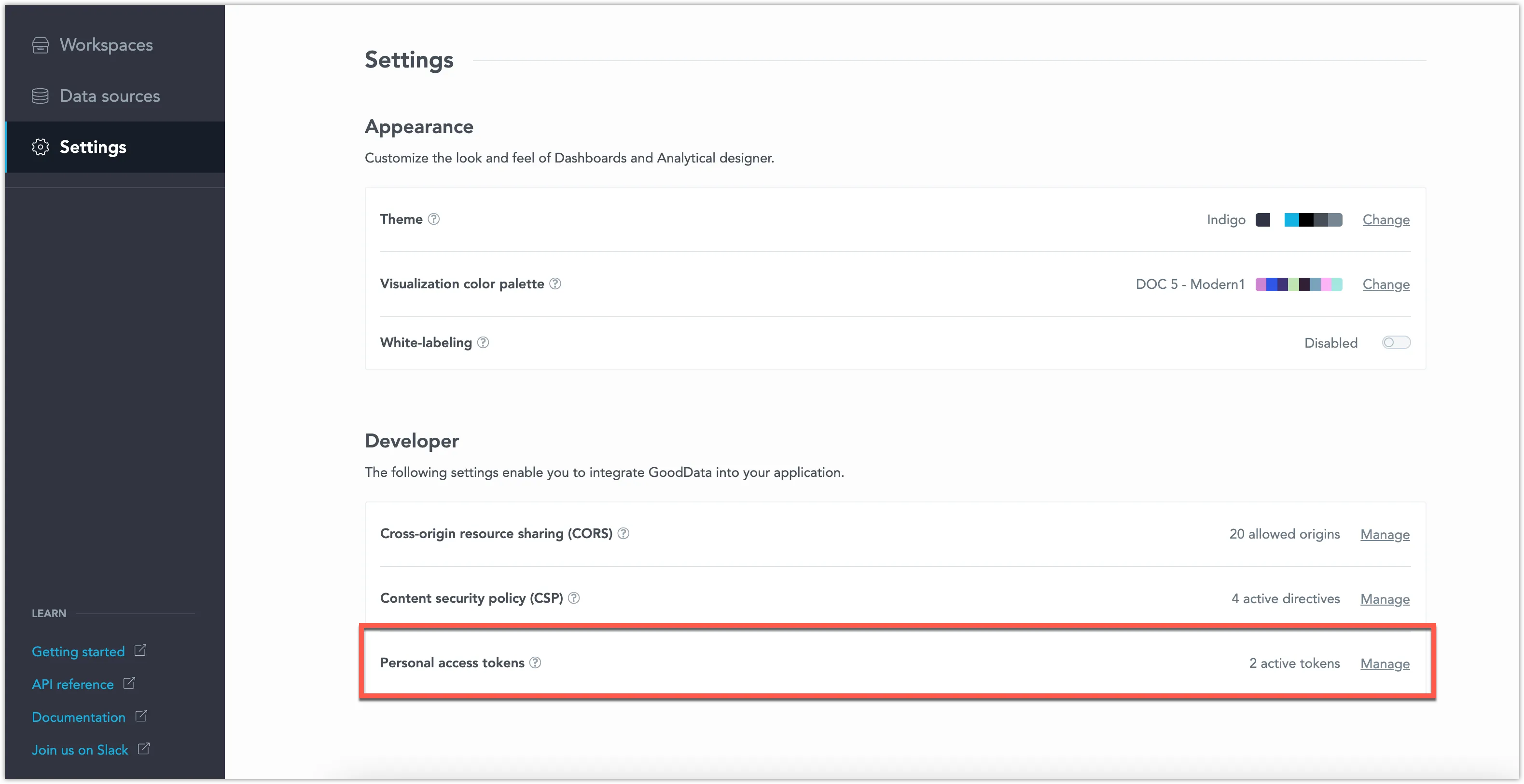 The Settings page