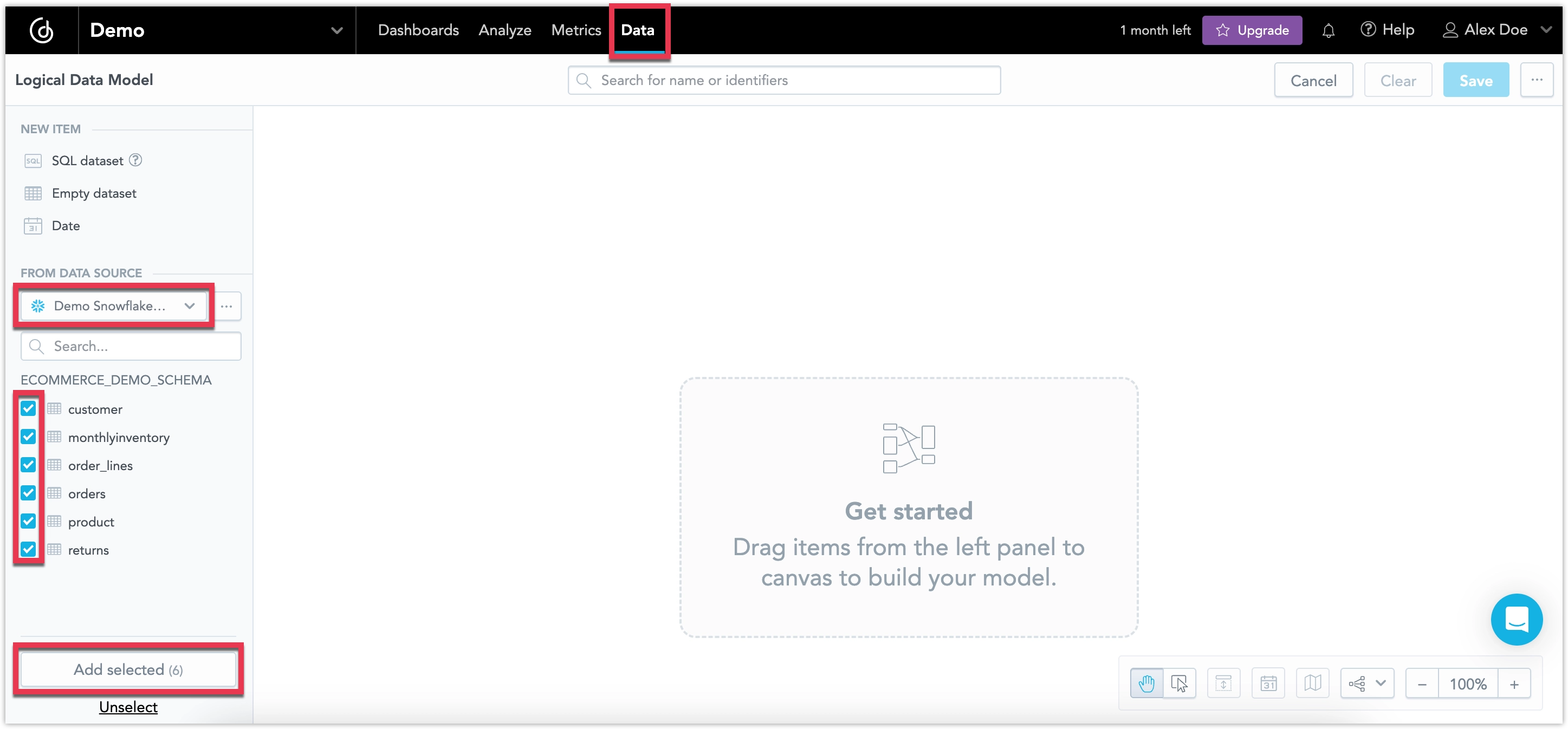 Screenshot of the Data tab of a workspace showing the logical data modeler.