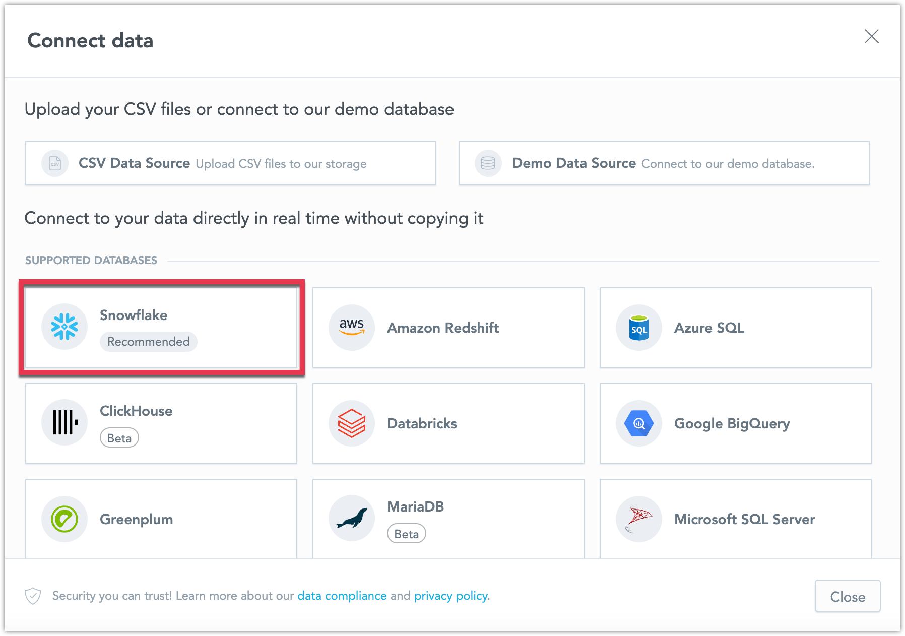 Screenshot of the Connect data dialog.