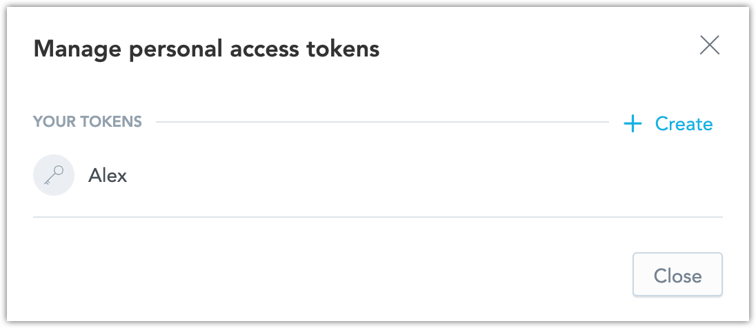 Screenshot of the Manage personal access token dialog showing the newly created API token.