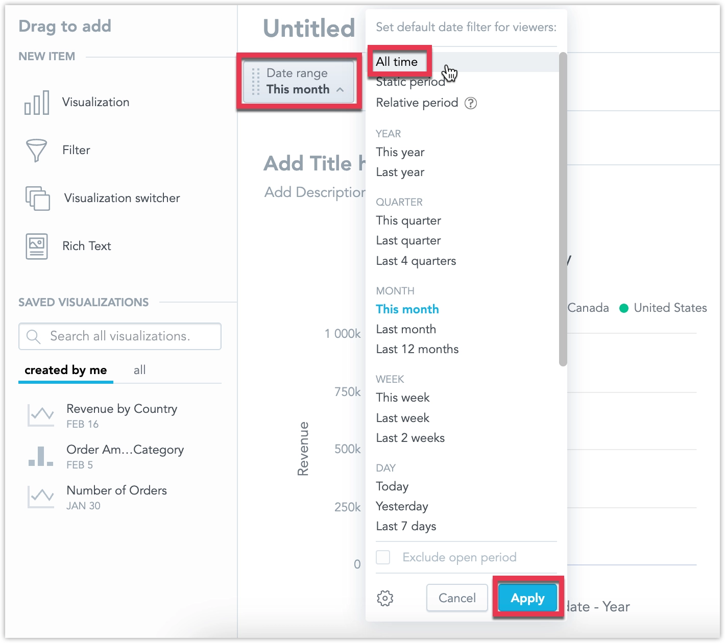 Screenshot of the Date range filter being clicked on and open offering a wide selection of different time intervals to choose from.