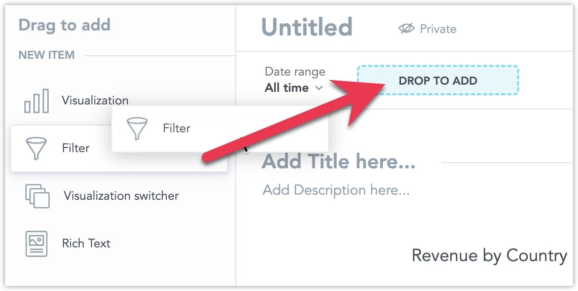 Screenshot of the filter widget being dragged from the left-hand side panel into a filter bucket at the top of the dashboard.