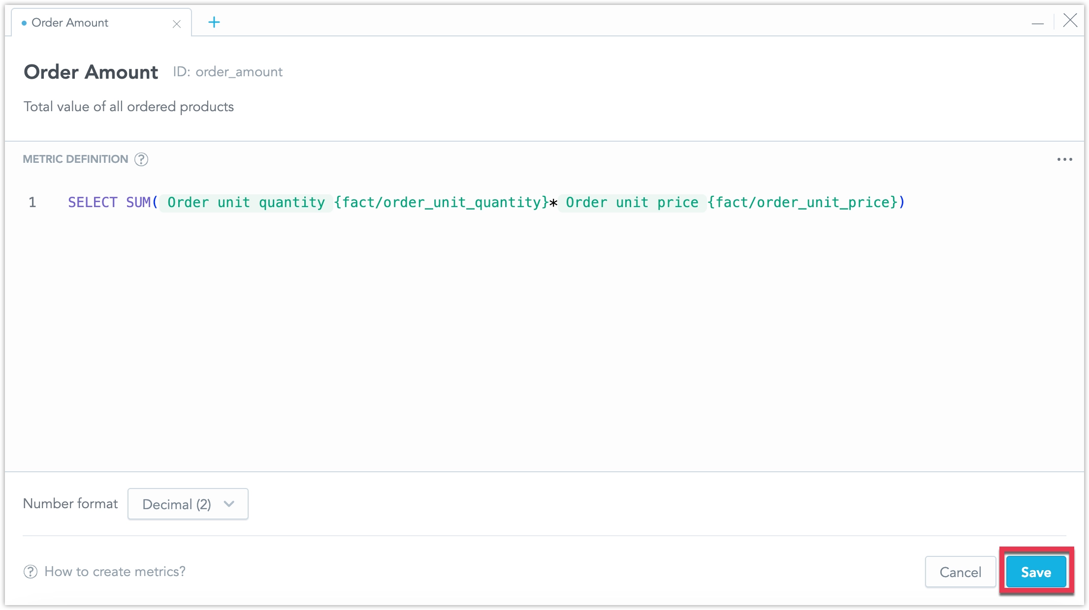 Screenshot of the Metrics creation dialog with its contents filled in.