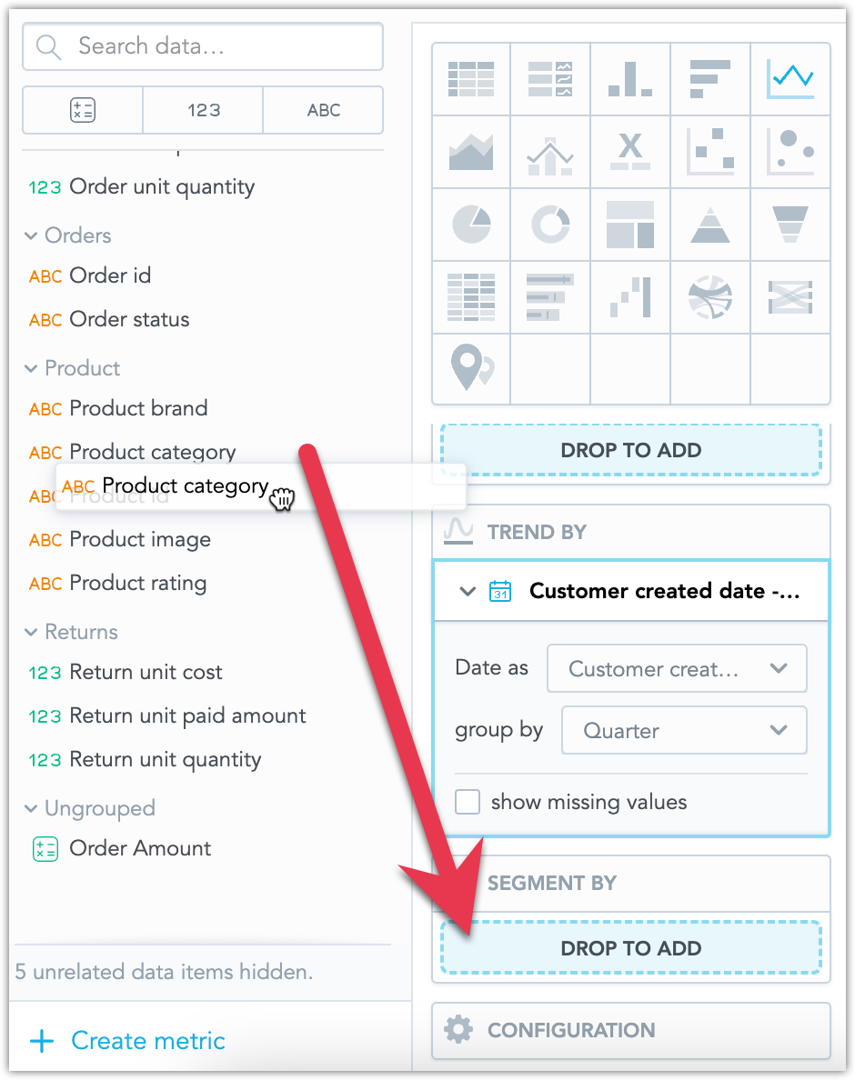 Screenshot of the Product category attribute being dragged into the Segment by field.