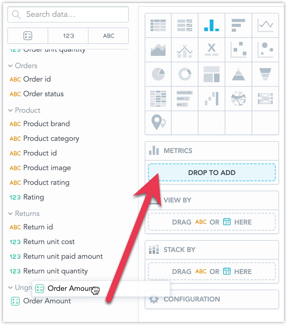 Screenshot of the Order Amount being dragged into the Metrics bucket of the bar chart.