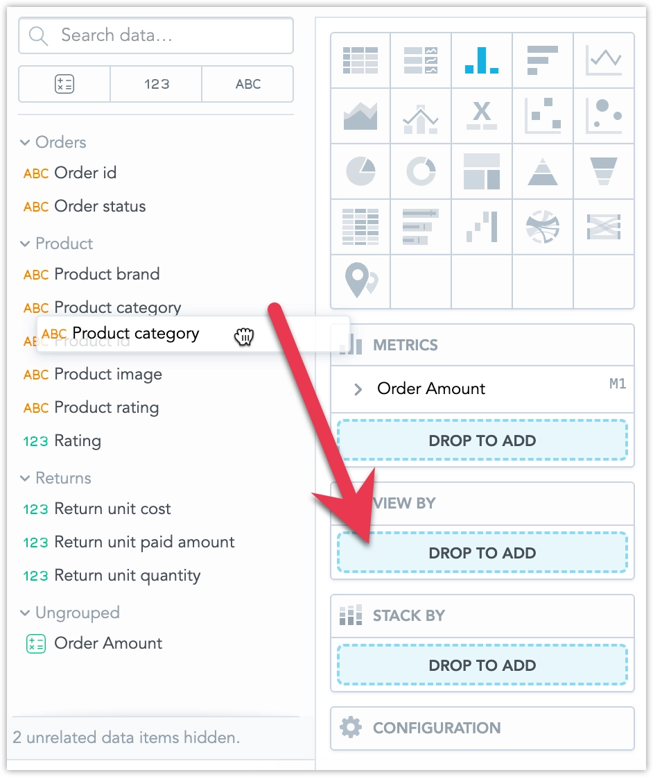 Screenshot of the Product category attribute being dragged into the View by bucket of the bar chart.