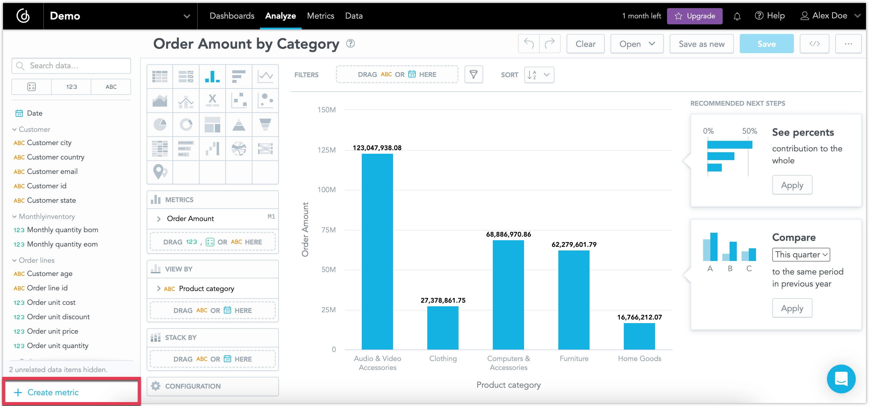 Screenshot of the Analyze tab highlighting the Create metric button in the bottom left corner.