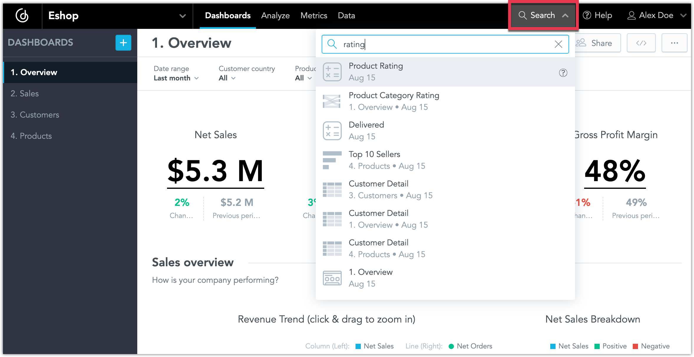 Screenshot showing GoodData web UI with a dashboard open and highlighting a search bar that can be opened from a drop-down menu at the top of the screen.