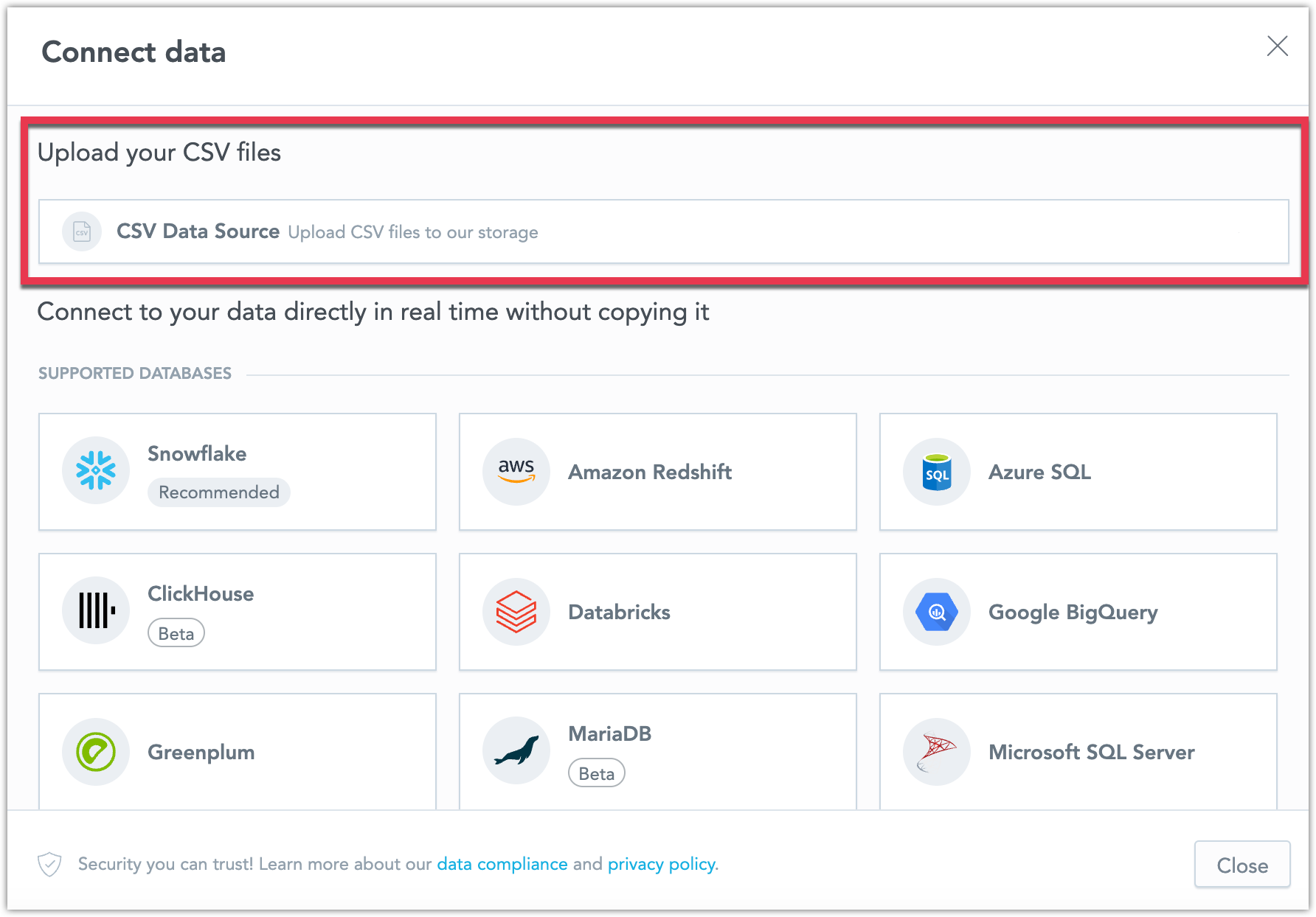 Screenshot of the Connect data dialog.