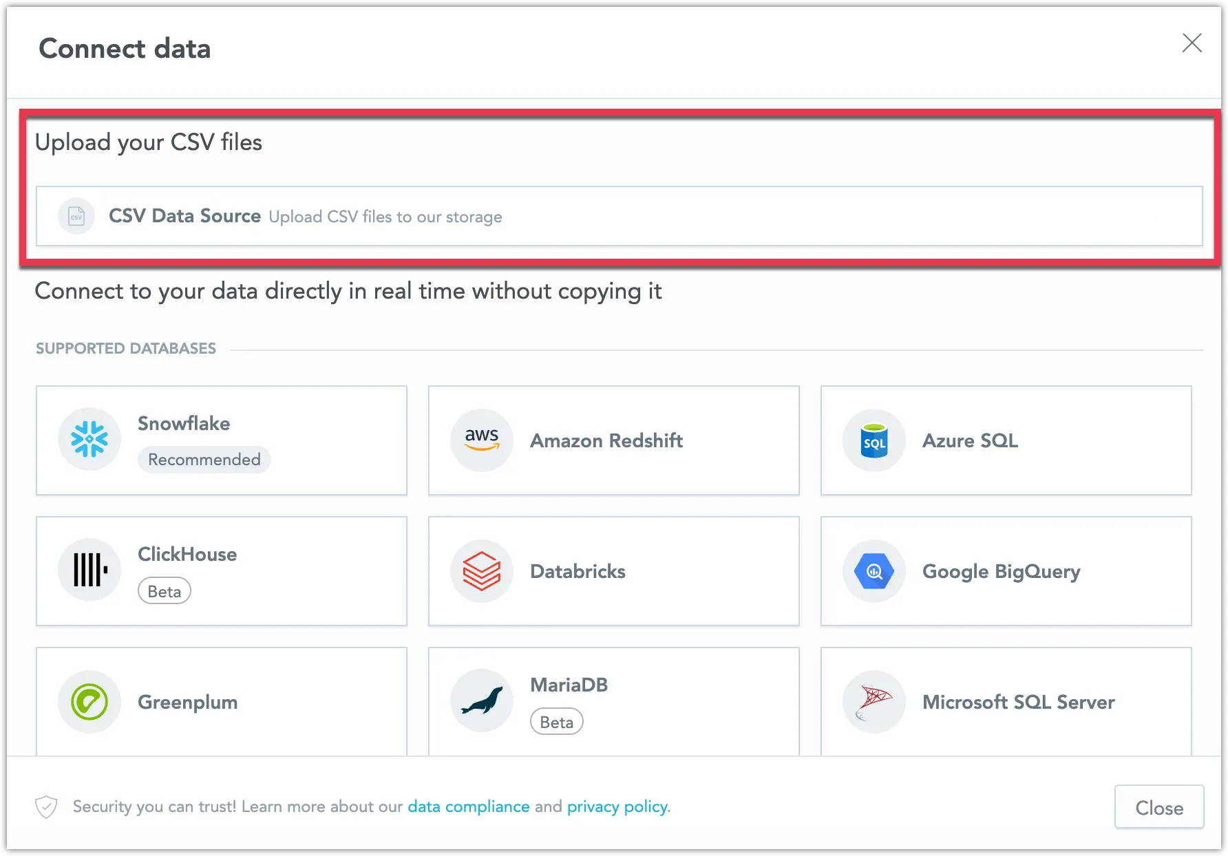 Screenshot of the Connect data dialog.