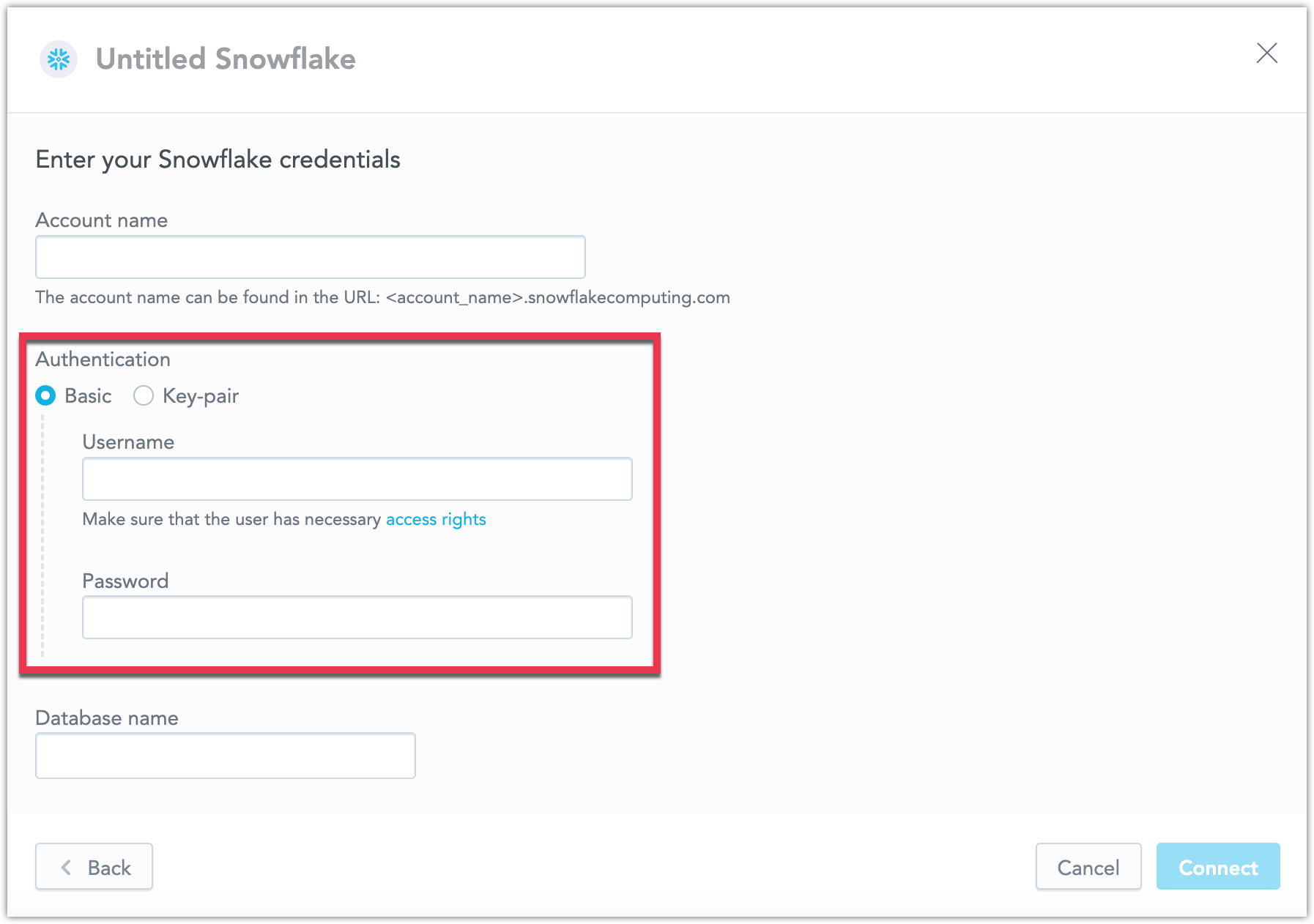 Screenshot of the Create Snowflake data source dialog.