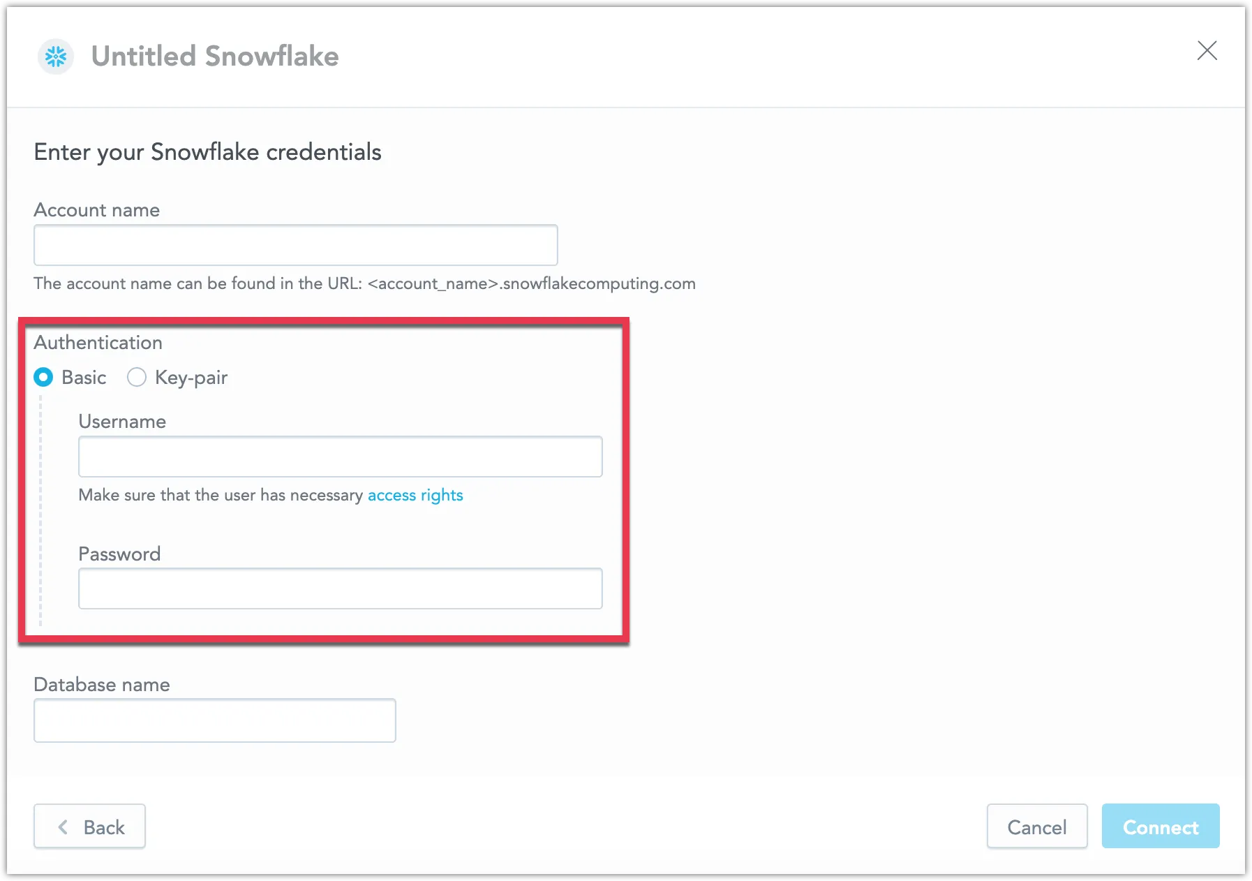 Screenshot of the Create Snowflake data source dialog.