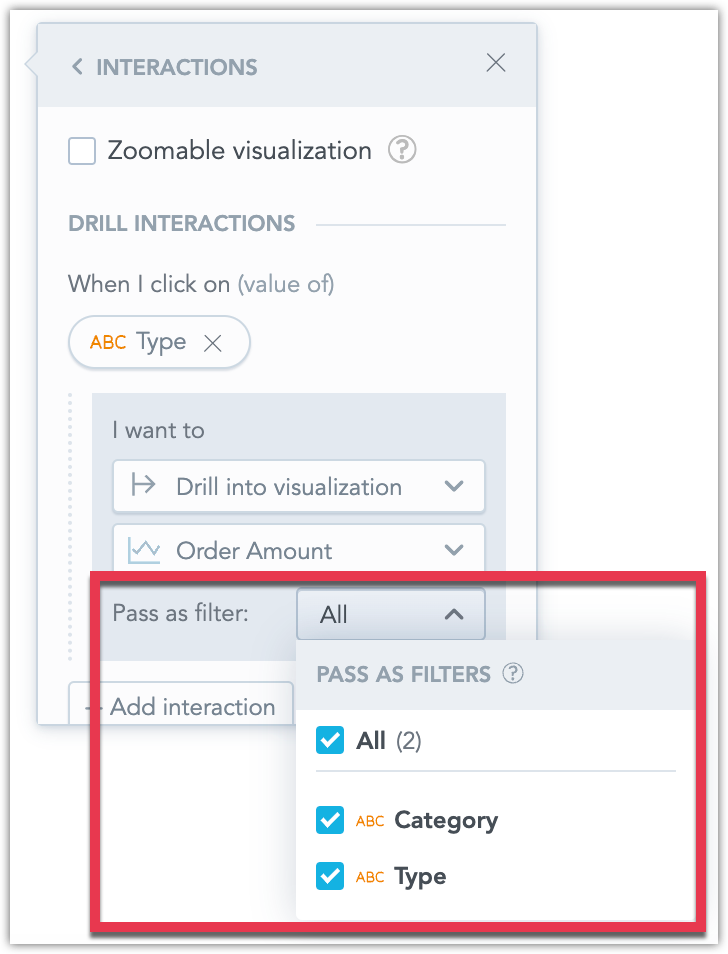 Screenshot of the Pass as filter dialog in the context of creating a drill interaction for a widget on the dashboard.