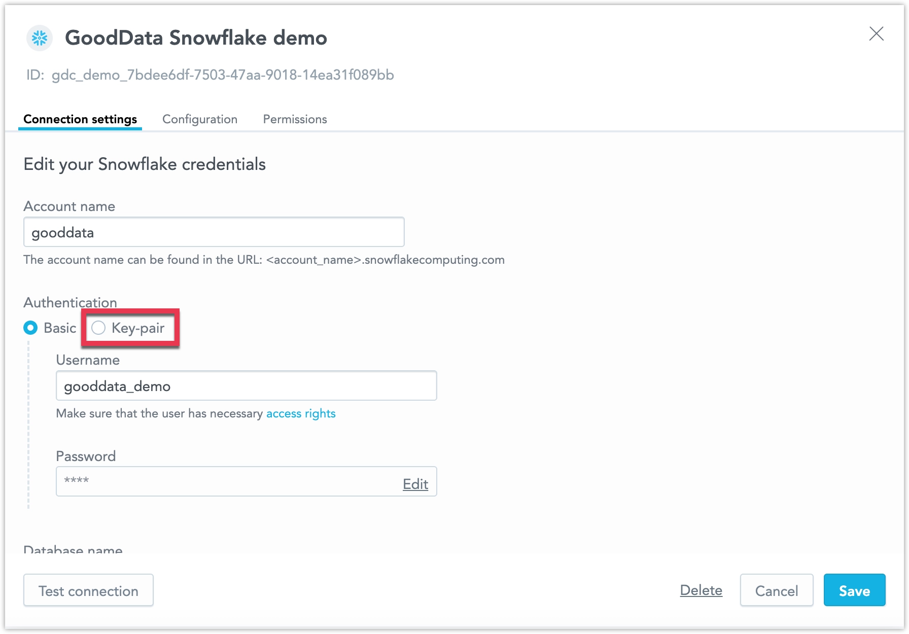 Screenshot of the Snowflake data source edit dialog highlighting the key-pair authentication option.