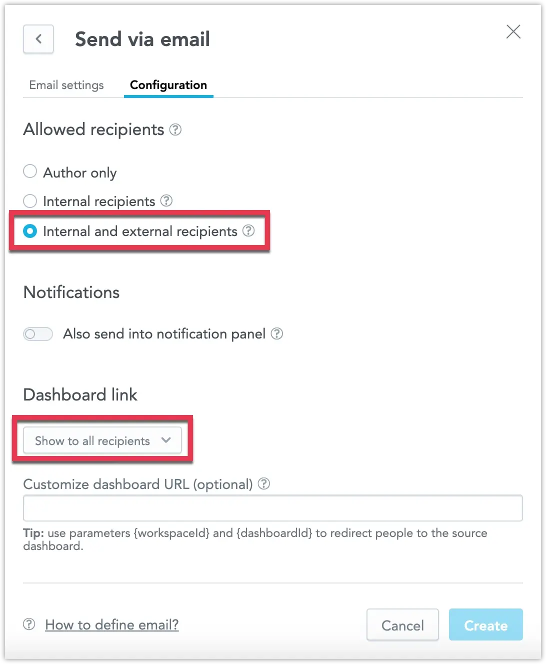 Screenshot of the Create Destination > Email > Configuration dialog highlighting the new setting options.