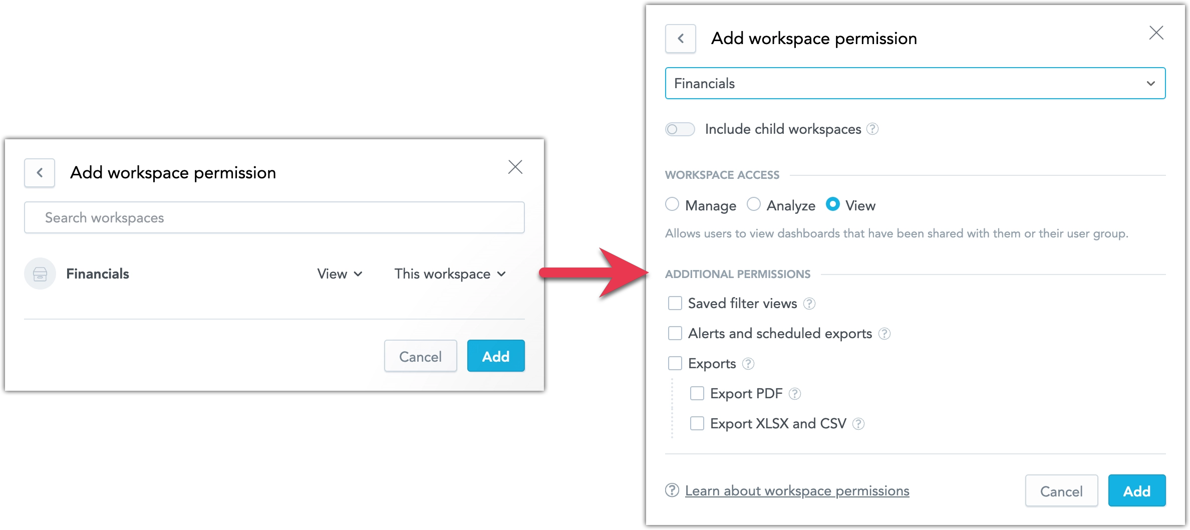 Screenshot of the user management workspace permissions dialog.