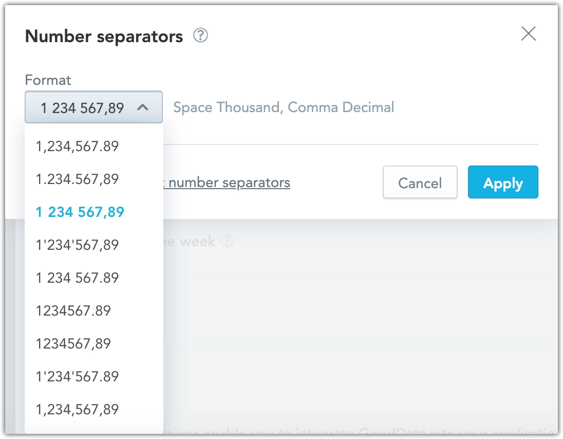 Screenshot of the Number separators dialog.