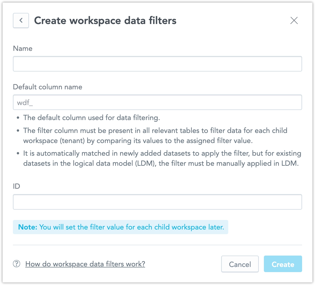 Create a Workspace Data Filter dialog