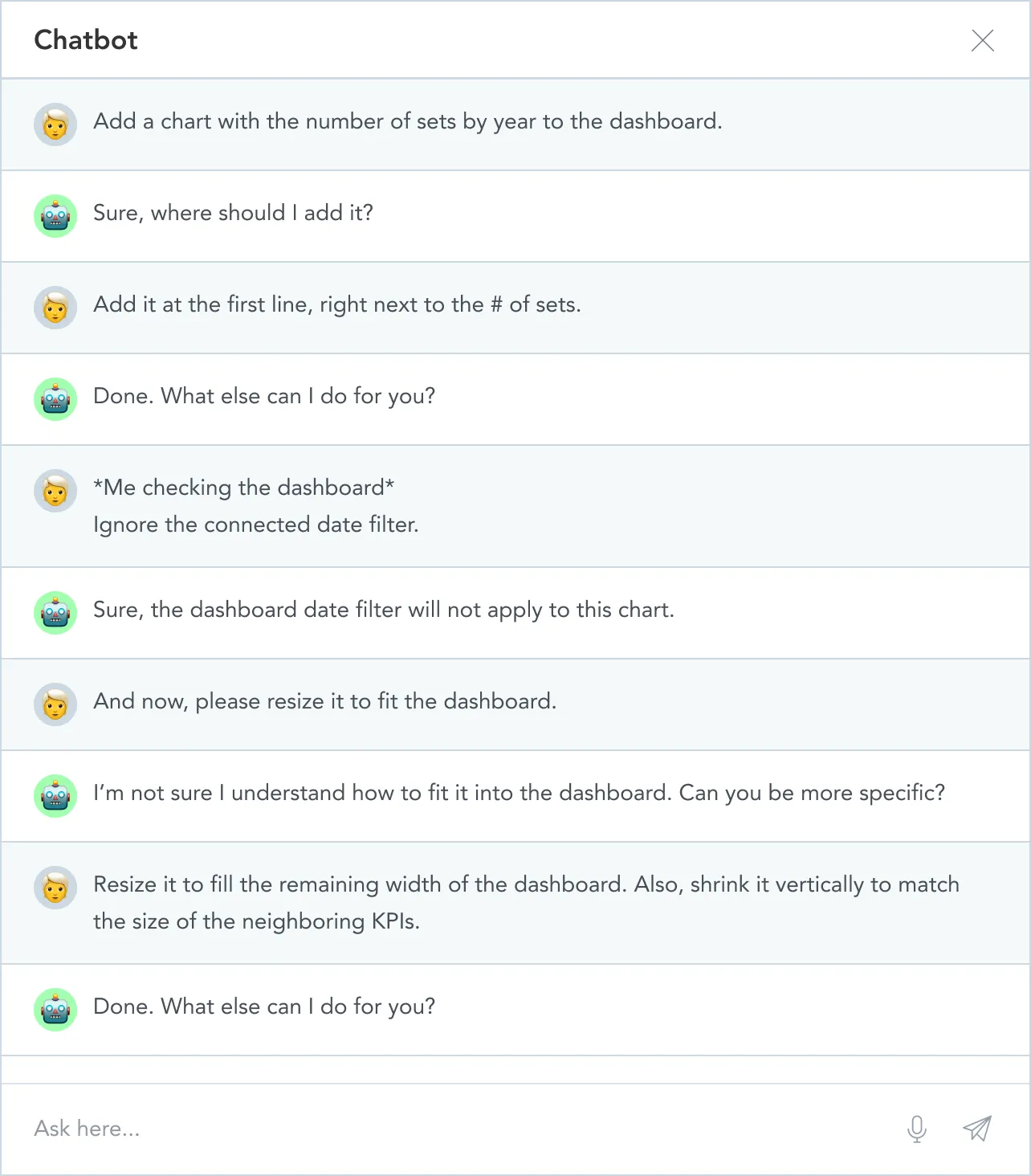 Actions like adding a chart on a dashboard can result in complex conversations.