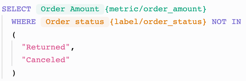 Definition of Revenue metric using GoodData's Analytical Query Language (MAQL).