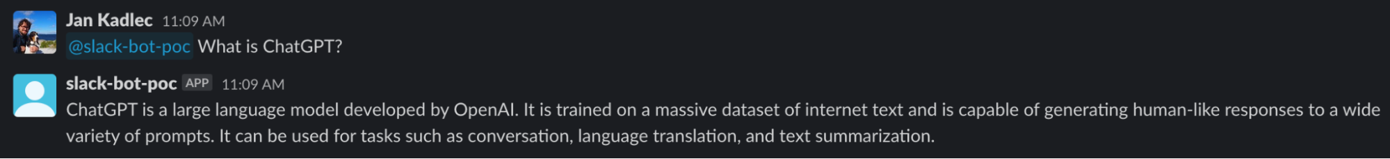 Calling Slackbot and asking it a question that I would like to have answered by ChatGPT.