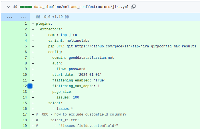 Adding a new source - Jira. You have to configure the domain and start_date(how long history to extract). The user name and password are configured as secrets in GitHub actions. 