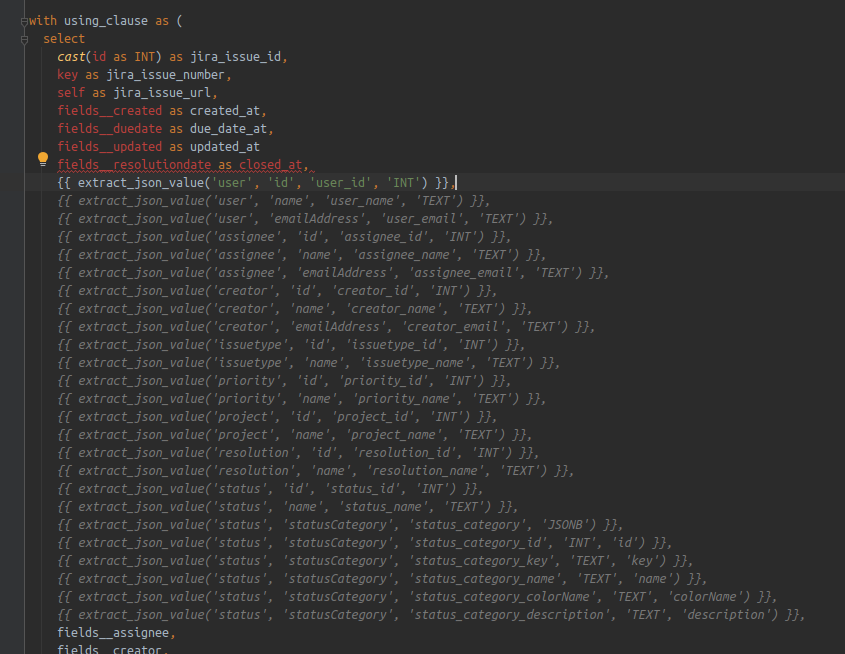 The snippet from the incremental transformations of the input table(loaded by Meltano). Attributes nested in JSON columns are extracted and materialized. GitHub Coplit suggested most of JSON extract calls correctly 😉