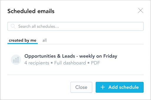 Image showing name of dashboard that is scheduled for sharing on a weekly basis, with option to add additional scheduled items.