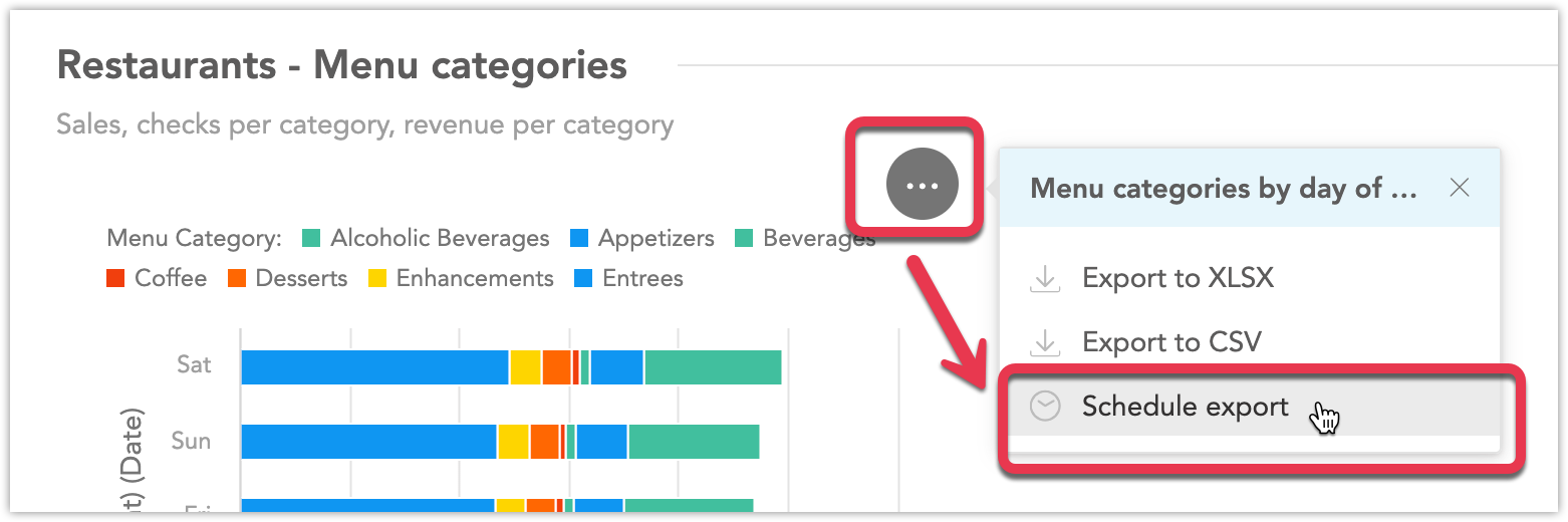 Cursor hovers over an icon with three dots that is associated with a report. A side bar displays options to export or schedule export.