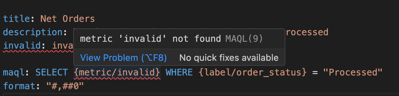 The example contains two code issues. There is an invalid YAML attribute and the referenced metric is also not valid.