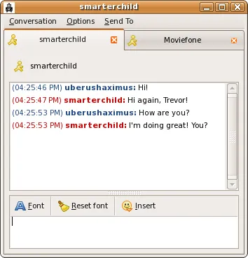 A conversation with the chatbot SmarterChild in pidgin messenger, By See http://www.pidgin.im — Own work by the original uploader, GPL, https://commons.wikimedia.org/w/index.php?curid=2541912