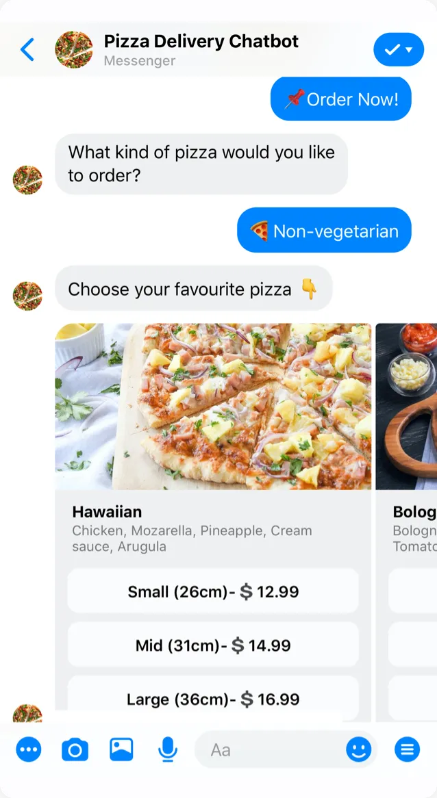 Pizza order using a Messenger-based chatbot, Image source: https://templates.botstar.com/chatbot-template/pizza-delivery-chatbot